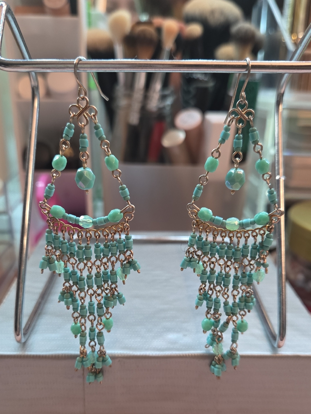 Nordstrom Turquoise Beaded Chandelier Earrings with Gold-Tone Accents